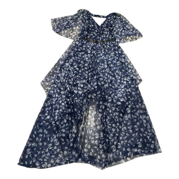 BCBGMAXAZRIA women’s KALEIDOSCOPE navy JEWELS LACE HI-LOW MAXI DRESS size 8 - Picture 6 of 9